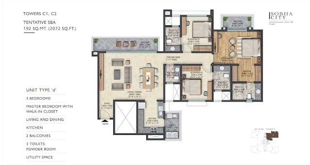 sobha city gurgaon 3bhk Type d floor plan