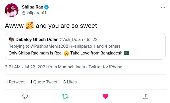 Bollywood Singer Shilpa Rao Has Retweet Replied To Debaloy Ghosh Dolan On Twitter