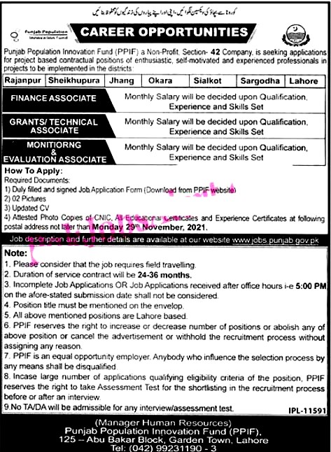 Punjab Population Innovation Fund Jobs 2021 - PPIF Career Opportunities