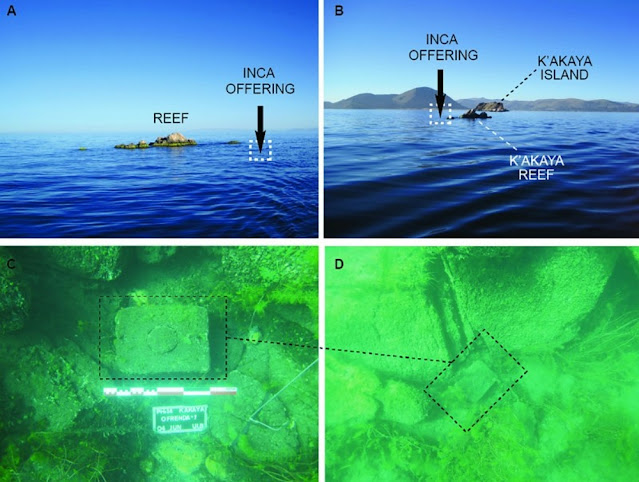 (A) Вид на риф Какая и положение жертвы, (B) расположение относительно острова Какая, (CD) положение, обнаруженное на дне озера