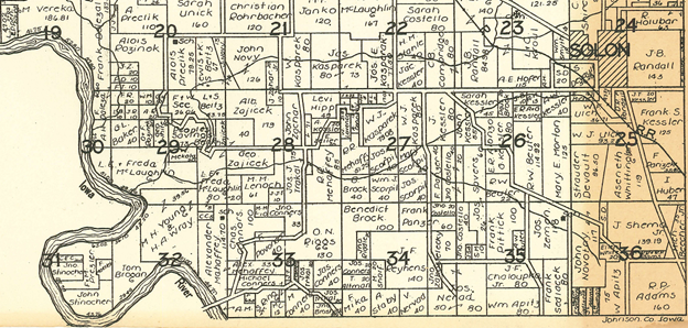 Southeast corner of the plat map of Big Grove Township, Johnson County, Iowa, from the Hixson Plat Book of Johnson County Iowa, 1930.