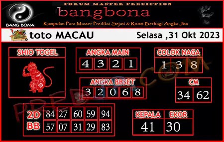 Prediksi Bangbona Toto Macau Selasa 31 Oktober 2023