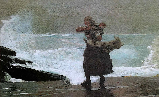 a watercolor by Winslow Homer, wife and child wait for a fishman to return in bad weather