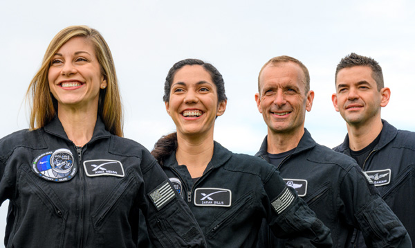 Polaris Dawn astronauts from left to right: mission specialist and medical officer Anna Menon, mission specialist Sarah Gillis, mission pilot Scott 'Kidd' Poteet and mission commander Jared 'Rook' Isaacman.