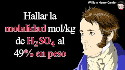 Un ácido sulfúrico comercial lleva la siguiente etiqueta 49.0% y densidad 1.40.  Calcule para un litro la molalidad.