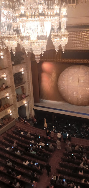 View of the stage and audience in Tbilisi Opera and Ballet Theatre from 4th level floor seats.