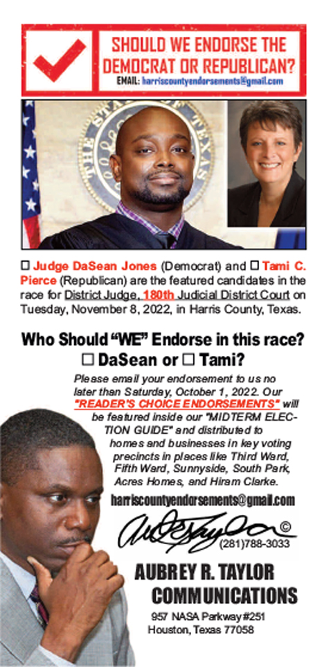Dasean Jones and Tami C Pierce are running for District Judge, 180th Judicial District Court