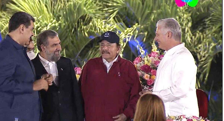 Ministro iraniano Mohsen Rezai indiciado por atentados assassinos, Nicolás Maduro e o cubano Miguel Díaz-Canel apoiando o ditador guerrilheiro Daniel Ortega
