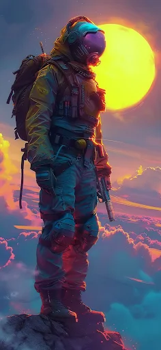 Explorer in a futuristic suit stands atop a peak, gazing at a massive sun setting behind the clouds in a radiant sky.