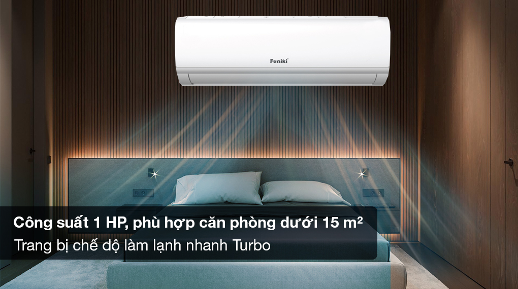 Máy lạnh Funiki Inverter 1 HP HSC09TMU - Công suất 1 HP phù hợp diện tích căn phòng dưới 15m2, trang bị chế độ làm lạnh nhanh Turbo