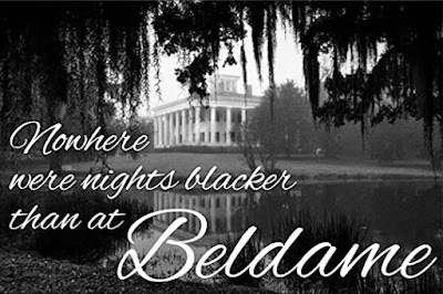 A black and white photo of a palladian plantation house in the bayou with the caption Nowhere were the nights blacker than at Beldame