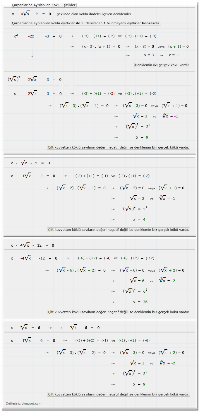 Örnek-23 » x - a√x - b = 0 şeklinde olan köklü eşitlikler » Çarpanlarına ayrılabilen köklü eşitlikler » Köklü ifadeler içeren denklemler.