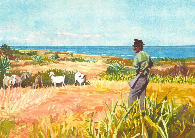 Watercolour of a shepherd watching over his goats in the savannah near the Indian Ocean, "Le berger," by William Walkington