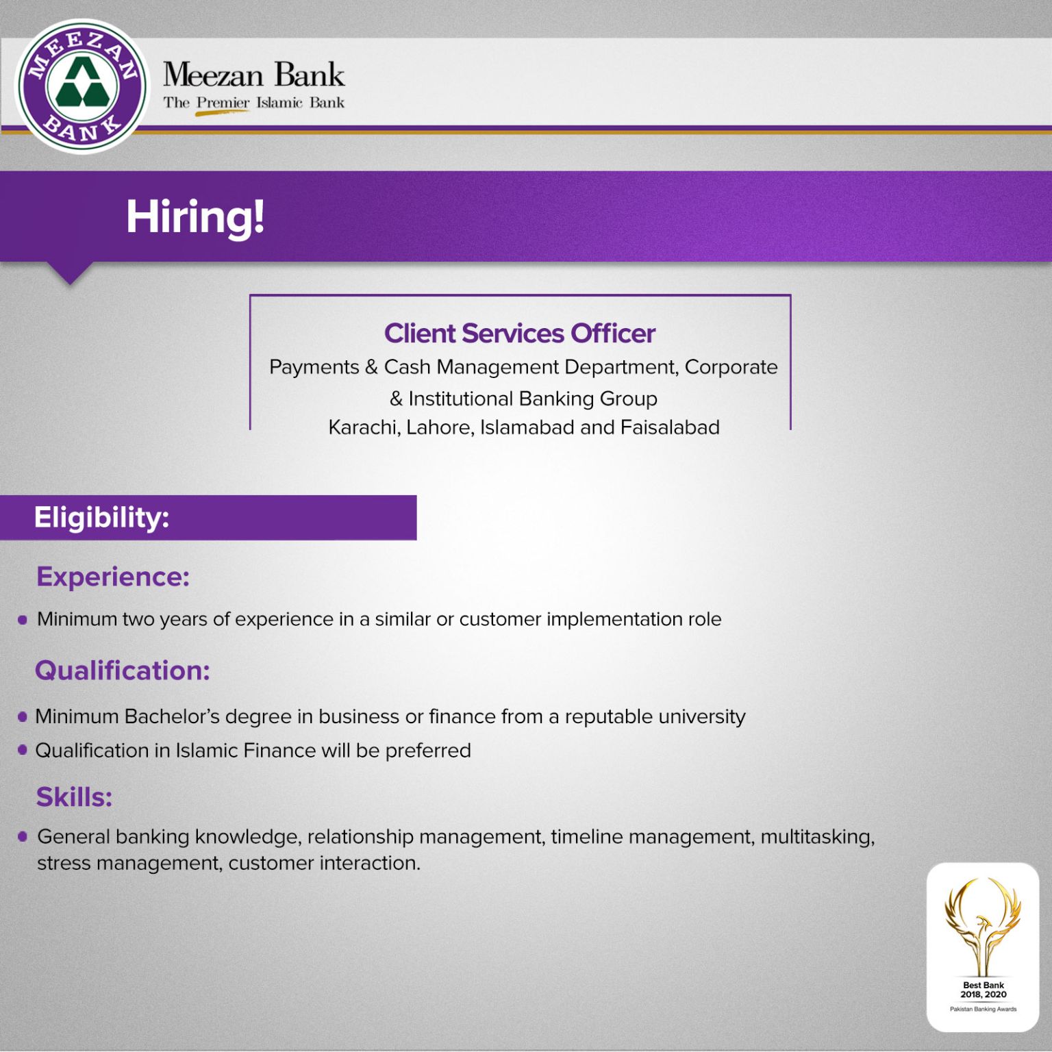 Meezan Bank Ltd Jobs Client Services Officer