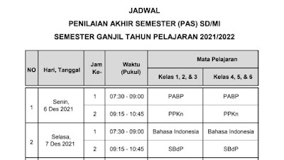 Jadwal Penilaian Akhir Semester Ganjil SD/MI Tahun Pelajaran 2021/2022