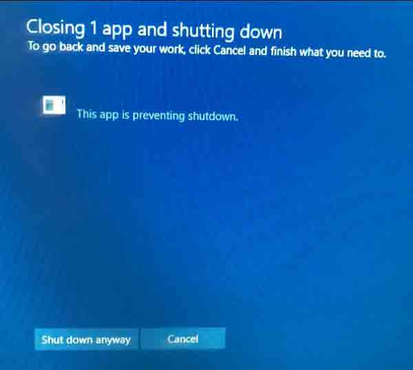 منع عرض الخطأ هذا التطبيق يمنع إيقاف التشغيل في Windows