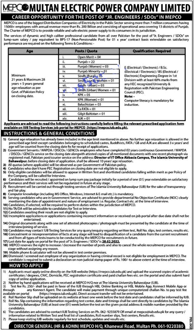 Multan Electric Power Company MEPCO Jobs 2022 Latest