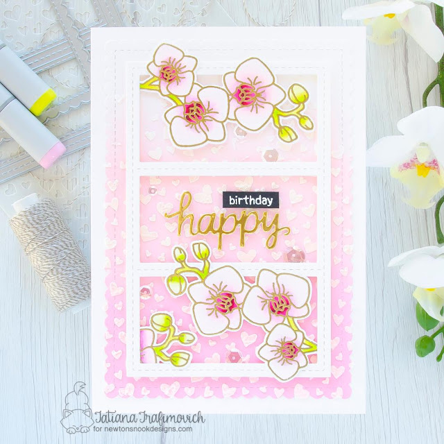 Birthday Orchid card by Tatiana Trafimovich | Orchids Stamp Set, Petite Hearts Stencil and A7 Frames & Banners Die Set by Newton's Nook Designs