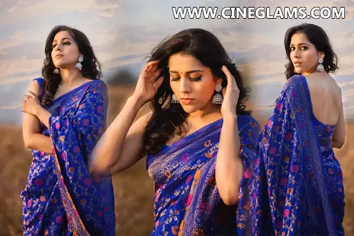 Actress Rashmi gautam looks in blue color saree