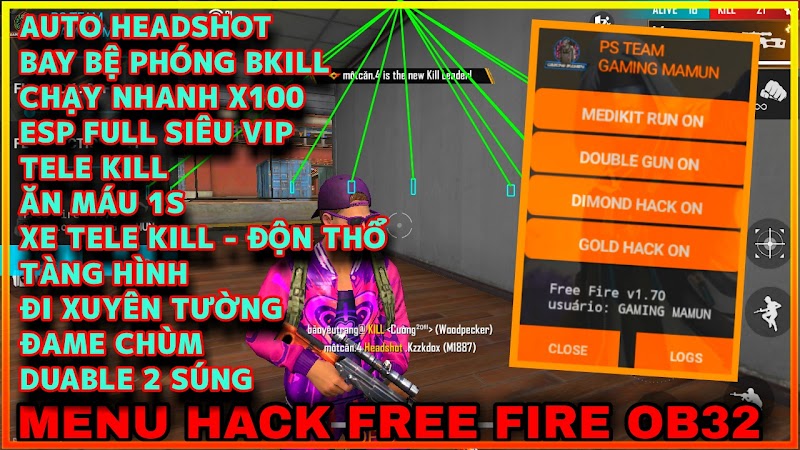 MENU MOD FREE FIRE OB32 - MENU MOD PS TEAM AUTO HEADSHOT 100%, XE TELE KILL, XÓA TỐ CÁO, ANTIBAND