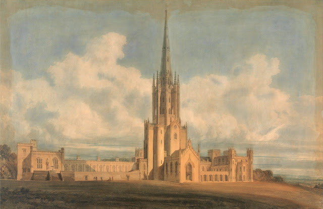 Вторая версия Фонтхиллского аббатства с башней-шпилем. Строилась с 1799 года, башня обрушилась в 1806 году.