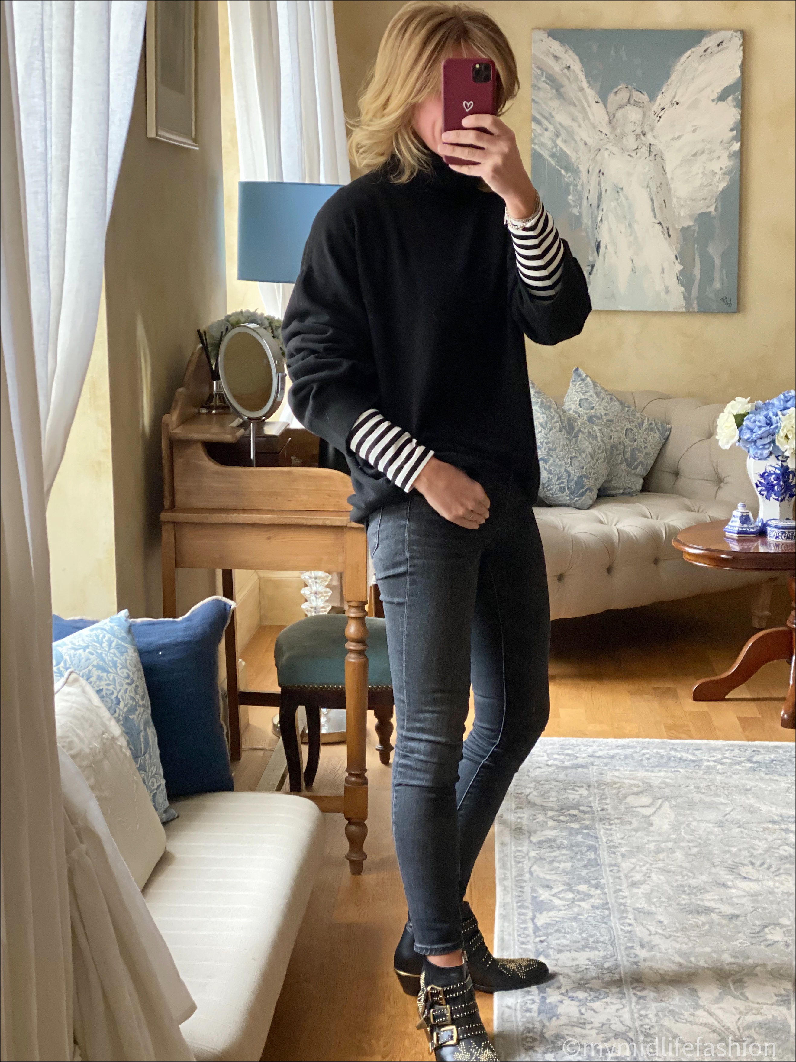 my midlife fashion, h and m oversized roll neck cashmere jumper, Baukjen ayla stripe top, j crew 9 inch toothpick jeans, Chloe Susana boots