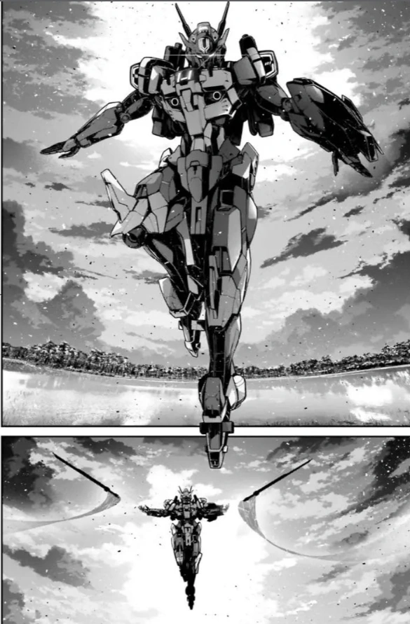 “Imagen de Gundam Anavata, un robot gigante de la serie Gundam, en su primera aparición. El Gundam está en una pose de batalla, listo para el combate.”