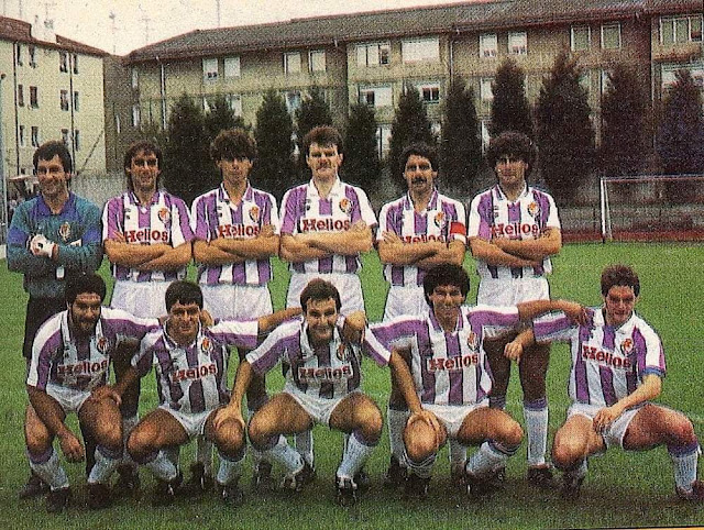 REAL VALLADOLID C. F. Temporada 1987-88. Oscar Wirth, Portugal, Fernando Hierro, Gonzalo, Moré, Manolo Hierro, Cabrera, Moya, Torrecilla, Fonseca y Rubén Bilbao. SESTAO SPORT CLUB 2 REAL VALLADOLID DEPORTIVO 3 Sábado 10/10/1987. Partido amistoso. Sestao, Vizcaya, Campo de Las Llanas