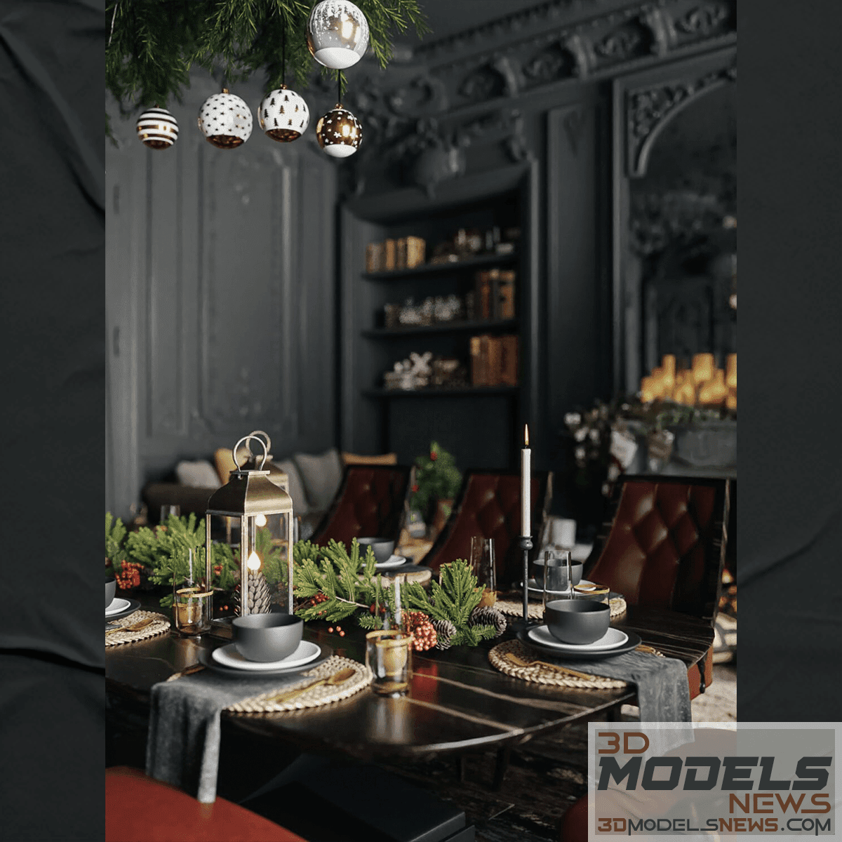 Dark classic interior scene for living room and dining room 9