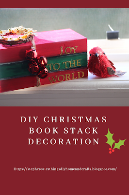 Pinterest pin displaying Christmas wooden book stack and text description