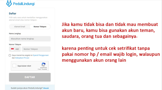 cara daftar dan login akun pedulilindungi