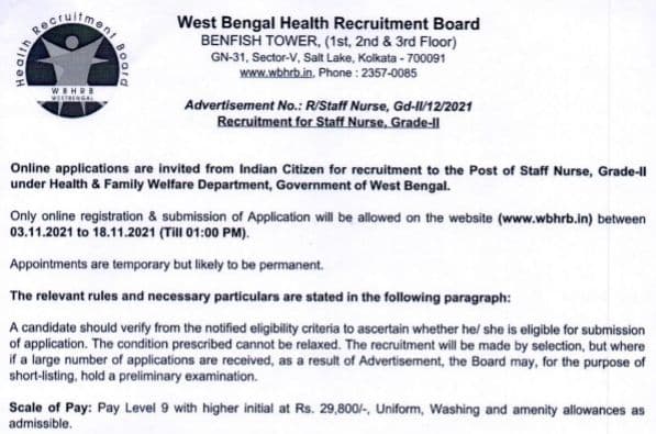 West Bengal GNM Nursing Vacancy 2021 | Apply Online 3947 Posts