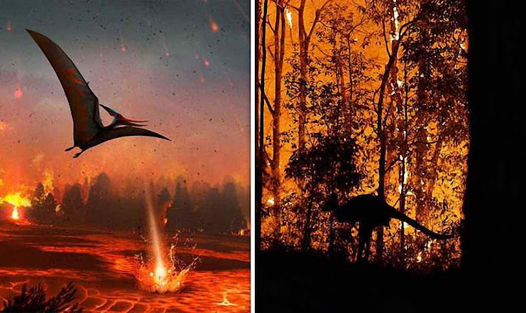 Paleoincêndios (reconstrução artística) e incêndio na Austrália.