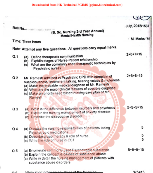 Mental Health Nursing July 3rd Year BSc Nursing Previous Year's Question Paper,,Previous Year's Question Papers,PGIMS Question Paper,BSc Nursing,BSc Nursing 3rd Year,Mental Health Nursing,