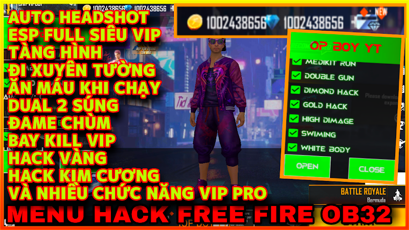 MENU MOD FREE FIRE OB32 - MENU MOD KIM CƯƠNG, AUTO HEADSHOT 100%, BAY KILL, XÓA TỐ CÁO