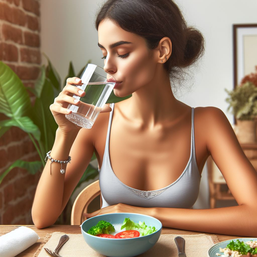 A person drinking a glass of water before a meal