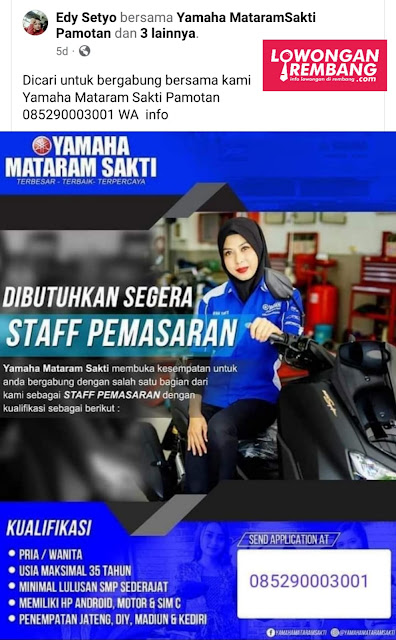 Lowongan Kerja Staff Pemasaran Yamaha Mataram Sakti Pamotan Rembang