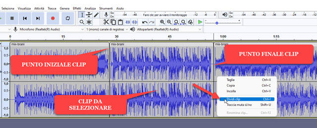 dividere i file audio in clip
