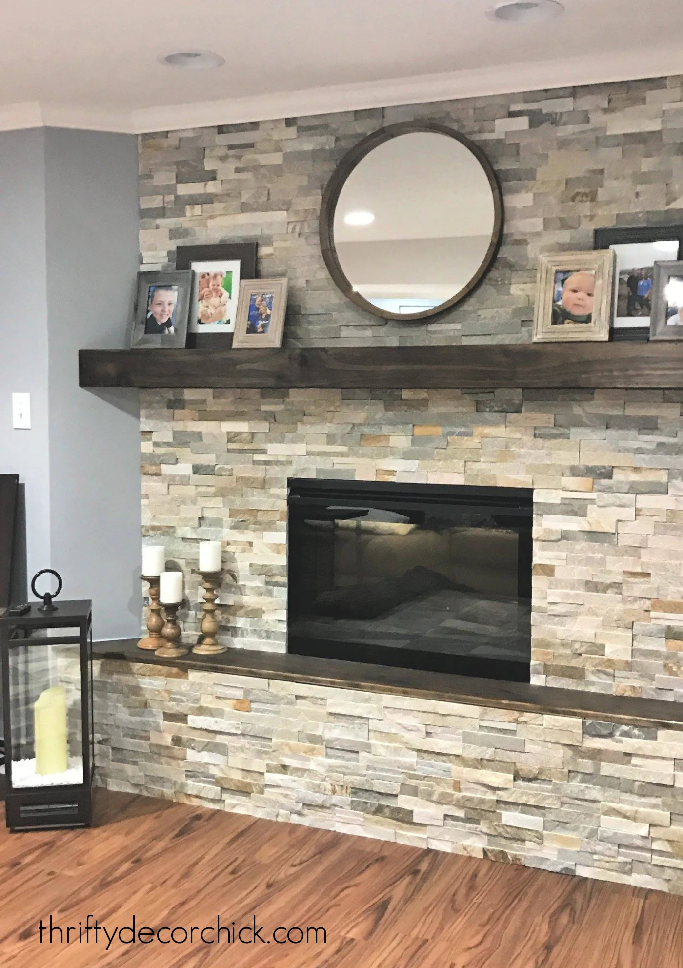 DIY stacked stone tile fireplace