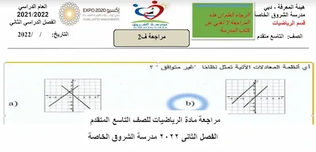 مراجعة مادة الرياضيات للصف التاسع المتقدم الفصل الثانى 2022 مدرسة الشروق الخاصة