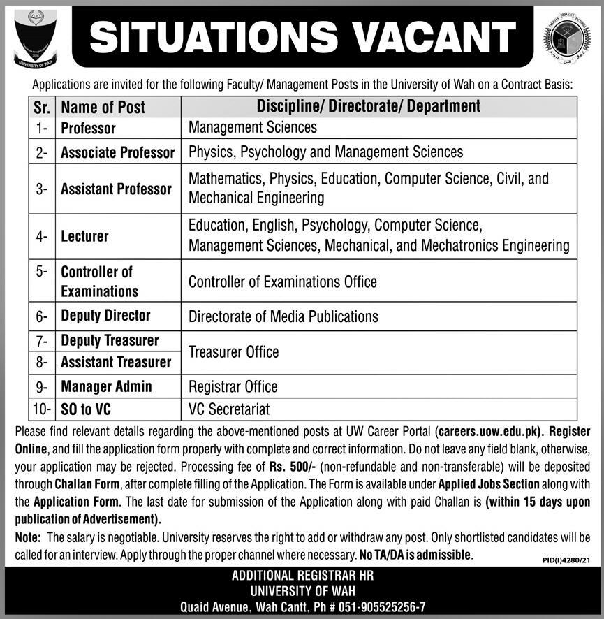 UNIVERSITY OF WAH JOBS 2022