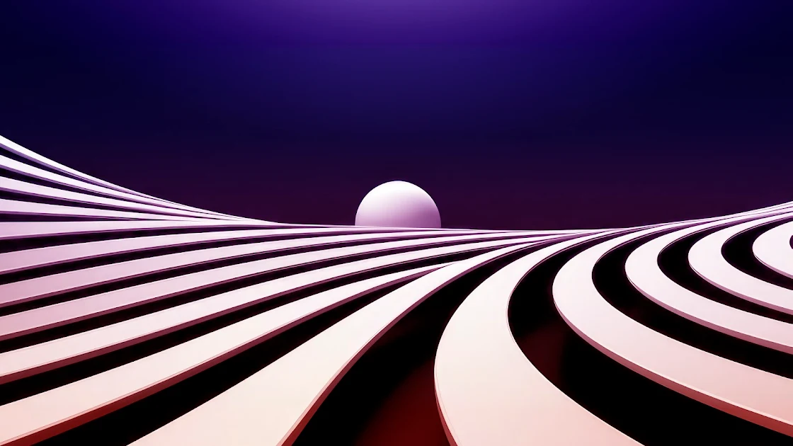 Abstract wallpaper featuring smooth, flowing lines converging towards a luminous orb on a deep purple background, creating a mesmerizing and futuristic visual experience.