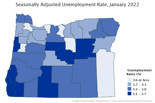 Map of seasonally adjusted unemployment rate by county in Oregon for January 2022. Grant County had the highest unemployment rate at 5.7%. Wheeler had the lowest unemployment rate at 3.0%.