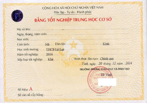 Mẫu bằng tốt nghiệp cấp hai (Bằng tốt nghiệp trung học cơ sở)