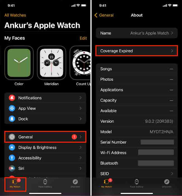 انظر حالة ضمان Apple Watch في تطبيق iPhone Watch