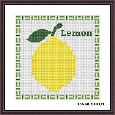 Yellow lemon ornament easy cross stitch embroidery pattern