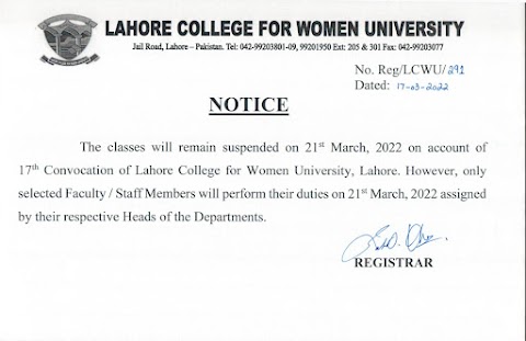 The Classes will Remain Suspended on 21 March 2022, LCWU NEWS