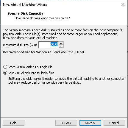 VMPlayer choose VM size