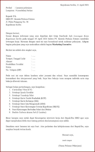 Contoh Application Letter Untuk Marketing Executive (Fresh Graduate) Berdasarkan Informasi Dari Media Sosial