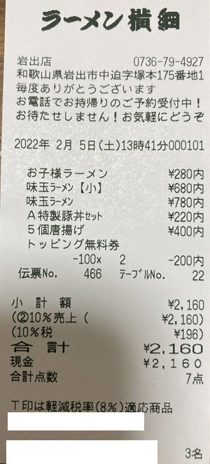 ラーメン横綱 岩出店 2022/2/5 飲食のレシート